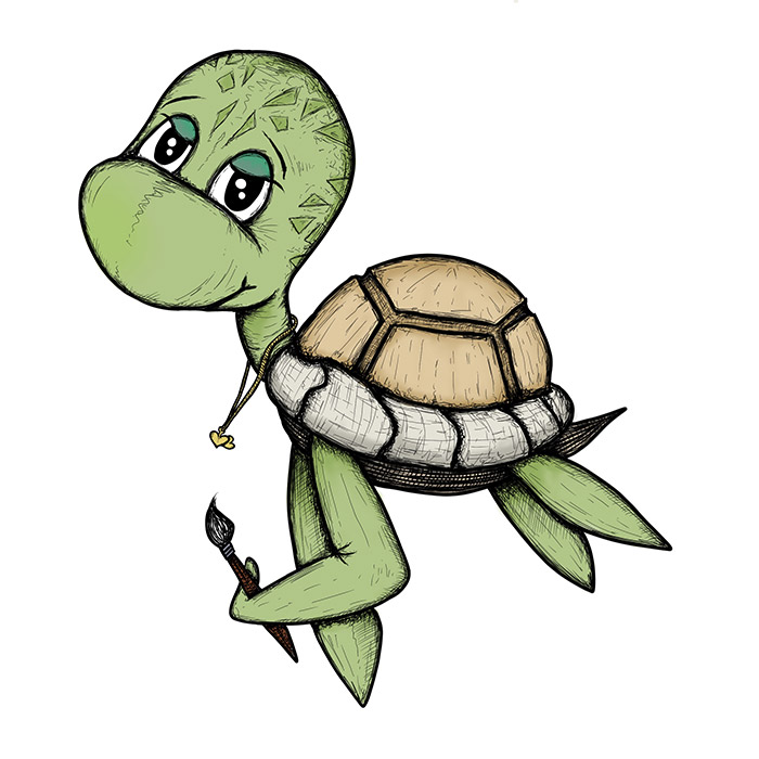 Cute turtle drawing | A happy sea turtle holding a paintbrush